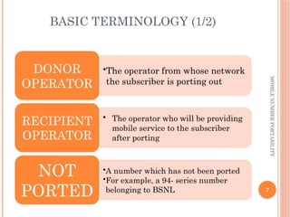 7
MOBILE
NUMBER
PORTABILITY
BASIC TERMINOLOGY (1/2)
•The operator from whose network
the subscriber is porting out
DONOR
OPERATOR
• The operator who will be providing
mobile service to the subscriber
after porting
RECIPIENT
OPERATOR
•A number which has not been ported
•For example, a 94- series number
belonging to BSNL
NOT
PORTED
 