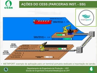 Departamento de Engenharia de Produção – VEP
Escola de Engenharia Industrial Metalúrgica da UFF
AÇÕES DO CESS (PARCERIAS INST. - SSI)
• METAPORT: exemplo de aplicação para um terminal portuária dedicado a importação de carvão.
 