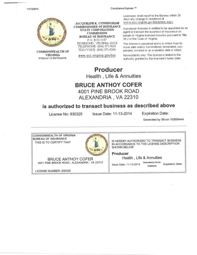 Bruce A. Cofer Producer Certificate Health, Life and Annuities 11