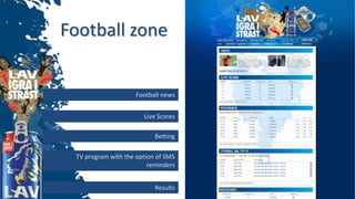 Live Scores
Football news
Betting
TV program with the option of SMS
reminders
Results
Football zone
 