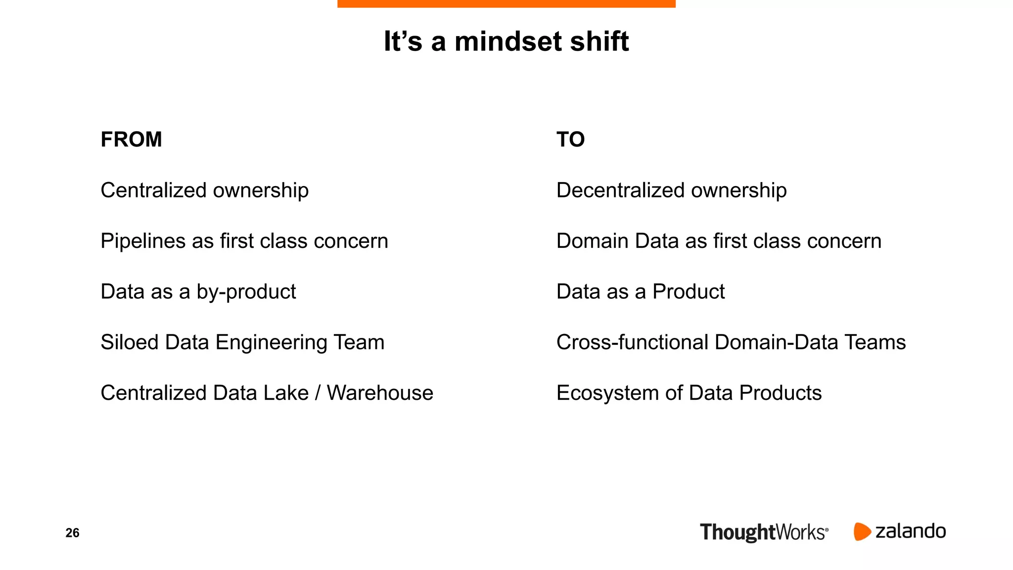 26
It’s a mindset shift
FROM TO
Centralized ownership Decentralized ownership
Pipelines as first class concern Domain Data as first class concern
Data as a by-product Data as a Product
Siloed Data Engineering Team Cross-functional Domain-Data Teams
Centralized Data Lake / Warehouse Ecosystem of Data Products
 