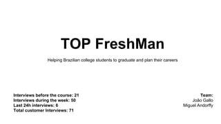 Interviews before the course: 21
Interviews during the week: 50
Last 24h interviews: 6
Total customer Interviews: 71
TOP FreshMan
Helping Brazilian college students to graduate and plan their careers
Team:
João Gallo
Miguel Andorffy
 