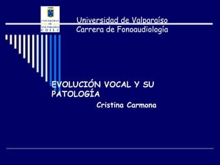 Universidad de Valparaíso
    Carrera de Fonoaudiología




EVOLUCIÓN VOCAL Y SU
PATOLOGÍA
         Cristina Carmona
 