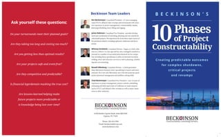 B E C K I N S O N ’ S
Creating predictable outcomes
for complex shutdowns,
critical projects
and revamps
Ken Beckemeyer, Consultant/President—47 years managing
major FCCU, delayed coker revamps and turnarounds with exten-
sive experience in project management, constructability studies,
planning/scheduling, heavy lifting and rigging.
James Robinson, Consultant/Vice President—provides develop-
ment and coordination of estimating, planning and cost controls for
critical path projects. His experience lies in the three major sectors of
the petroleum industry including upstream, midstream and down-
stream.
Whitney Strickland, Consultant/Partner—began as a field crafts-
man in a refinery 32 years ago and has since managed/consulted or
invested in a number of successful petrochemical service compa-
nies including those specializing in safety, turnaround execution,
welding, tower and refractory services as well as planning, schedul-
ing and cost estimating.
Russell Hillenburg, Consultant/Partner—a third-generation
shop-fabrication business owner specializing in reactor and tower
internals. He is not only fabrication-savvy but also possesses good
project/personnel management and problem-solving skills.
Chad Beckemeyer, Consultant/Vice President—over 16 years of
experience in project management, project controls, scheduling,
estimating and field supervision of craftsman on major projects
such as FCCU and delayed coker revamps as well as major expan-
sions in other industries.
Beckinson Team Leaders
Phases
of Project
Constructability
12320 Barker Cypress Road, Suite 600 #328
Cypress, TX 77429
Phone: 281-414-1994
Email: beckinson@brccp.com
www.beckinson.com
Ask yourself these questions:
Do your turnarounds meet their planned goals?
Are they taking too long and costing too much?
Are you getting less than optimal results?
Are your projects safe and event-free?
Are they competitive and predictable?
Is financial legerdemain masking the true cost?
Are lessons-learned helping make
future projects more predictable or
is knowledge being lost over time?
10
 