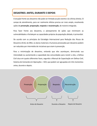 DESASTRES: ANTES, DURANTE E DEPOIS

A atuação frente aos desastres não pode ser limitada ao pós-evento e às vítimas diretas. O
campo de atendimento, para ser realmente efetivo precisa ser mais amplo, envolvendo
ações de prevenção, preparação, resposta e reconstrução, de maneira integrada.

Para fazer frente aos desastres, o planejamento de ações que minimizem as
vulnerabilidades e fortaleçam as capacidades próprias da população afetada, é primordial.

De acordo com os princípios da Estratégia Internacional para Redução dos Riscos de
Desastres (Eird), da ONU, os danos materiais e humanos provocados por desastres podem
ser reduzidos por intermédio de iniciativas que visem à prevenção.

Para a minimização de desastres, evitando que eles aconteçam, diminuindo sua
intensidade ou aumentando a capacidade das comunidades para resistir a eles, a Defesa
Civil atua em quatro diferentes fases, segundo o Manual de Capacitação em Defesa Civil,
Sistema de Comando em Operações – SCO, que podem ser agrupadas em três momentos:
antes, durante e depois.




             Prevenção         Preparação         Resposta           Reconstrução




                     Antes do Desastre           Durante o Desastre     Depois do Desastre
 