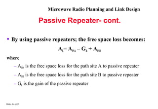 Microwave Radio Planning and Link Design

                    Passive Repeater- cont.

• By using passive repeaters; the free space loss becomes:
                               AL= AFSA – GR + AFSB
where
       – AFSA is the free space loss for the path site A to passive repeater
       – AFSB is the free space loss for the path site B to passive repeater
       – GR is the gain of the passive repeater



Slide No 105
 