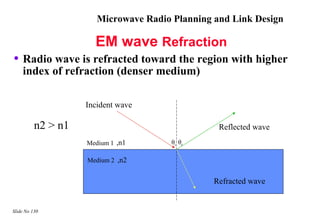 Microwave Radio Planning and Link Design

                      EM wave Refraction
• Radio wave is refracted toward the region with higher
    index of refraction (denser medium)

                    Incident wave

          n2 > n1                                Reflected wave
                    Medium 1 ,n1       θi θr

                    Medium 2 ,n2


                                                Refracted wave


Slide No 130
 