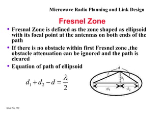 Microwave Radio Planning and Link Design

                           Fresnel Zone
• Fresnal Zone is defined as the zone shaped as ellipsoid
    with its focal point at the antennas on both ends of the
    path
•   If there is no obstacle within first Fresnel zone ,the
    obstacle attenuation can be ignored and the path is
    cleared
•   Equation of path of ellipsoid
                              λ
               d1 + d 2 − d =
                              2

Slide No 159
 
