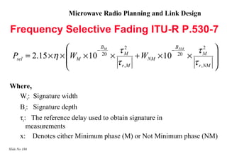 Microwave Radio Planning and Link Design

Frequency Selective Fading ITU-R P.530-7
                            B
                            − M   τM  2             B
                                                   − NM   τM   2    
  Psel = 2.15 × η × WM × 10 20 ×        + WNM × 10 20 ×            
                                 τ r ,M                 τ r , NM   
                                                                   

Where,
  Wx: Signature width
       Bx: Signature depth
       τx: The reference delay used to obtain signature in
          measurements
       x: Denotes either Minimum phase (M) or Not Minimum phase (NM)
Slide No 186
 