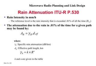 Microwave Radio Planning and Link Design

                  Rain Attenuation ITU-R P.530
•   Rain Intensity in mm/h
       – The reference level is the rain intensity that is exceeded .01% of all the time (R 0.01)
•   The attenuation due to the rain in .01% of the time for a given path
    may be found by:
                     AR = γ R .d eff

               where
               γR : Specific rain attenuation (dB/km)
               deff : Effective path length, km
                     γ R = k × Ra
               k and a are given in the table
Slide No 188
 