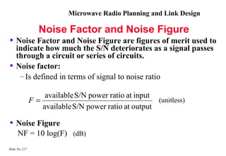 Microwave Radio Planning and Link Design

                  Noise Factor and Noise Figure
• Noise Factor and Noise Figure are figures of merit used to
    indicate how much the S/N deteriorates as a signal passes
    through a circuit or series of circuits.
•   Noise factor:
     – Is defined in terms of signal to noise ratio

                   available S/N power ratio at input
               F=                                     (unitless)
                  available S/N power ratio at output

• Noise Figure
     NF = 10 log(F) (dB)
Slide No 217
 