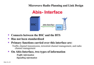Microwave Radio Planning and Link Design

                                  Abis- Interface

                                 BSC         Abis-Interface
                                                              BTS


      •       Connects between the BSC and the BTS
      •       Has not been standardized
      •       Primary functions carried over this interface are:
              Traffic channel transmission, terrestrial channel management, and radio
                channel management
      •       On Abis-Interface, two types of information
                  Traffic information
                  Signalling information
Slide No 30
 
