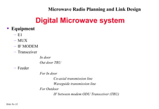 Microwave Radio Planning and Link Design

                       Digital Microwave system
•   Equipment
       –      E1
       –      MUX
       –      IF MODEM
       –      Transceiver
                            In door
                            Out door TRU
       – Feeder
                            For In door
                                     Co-axial transmission line
                                     Waveguide transmission line
                            For Outdoor
                                     IF between modem ODU Transceiver (TRU)

Slide No 33
 