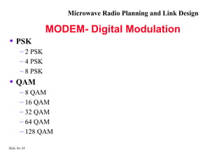 Microwave Radio Planning and Link Design

                 MODEM- Digital Modulation
• PSK
       – 2 PSK
       – 4 PSK
       – 8 PSK
• QAM
       – 8 QAM
       – 16 QAM
       – 32 QAM
       – 64 QAM
       – 128 QAM

Slide No 34
 