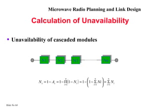 Microwave Radio Planning and Link Design

              Calculation of Unavailability

• Unavailability of cascaded modules

                  N1
                  N1          N2
                              N2         N3
                                         N3                     Nn
                                                                Nn



                                    n
                                                          n
                                                                 n
                N s = 1 − As = 1 − Π (1 − N i ) ≈ 1 − 1 − Σ Ni  = Σ N i
                                   i =1                i =1  i =1



Slide No 64
 