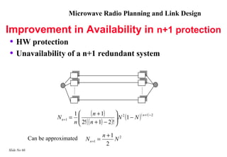 Microwave Radio Planning and Link Design

Improvement in Availability in n+1 protection
 • HW protection
 • Unavailability of a n+1 redundant system




                         N n +1 =
                                    1
                                     
                                              ( n + 1)  N 2 (1 − N ) ( n +1) −2
                                      2! ( ( n + 1) − 2 )! 
                                    n                      
                                                            
                                                   n +1 2
              Can be approximated         N n +1 =     N
                                                     2
Slide No 66
 