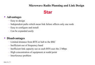 Microwave Radio Planning and Link Design

                                               Star
•   Advantages
       –      Easy to design
       –      Independent paths which mean link failure affects only one node
       –      Easy to configure and install
       –      Can be expanded easily


•   Disadvantages
       –      Limited distance from BTS or hub to the BSC
       –      Inefficient use of frequency band
       –      Inefficient link capacity use as each BTS uses the 2 Mbps
       –      High concentration of equipment at nodal point
       –      Interference problem

Slide No 75
 