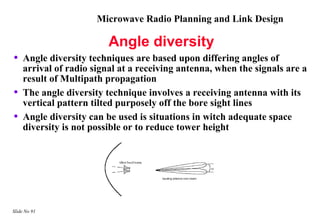 Microwave Radio Planning and Link Design

                         Angle diversity
•   Angle diversity techniques are based upon differing angles of
    arrival of radio signal at a receiving antenna, when the signals are a
    result of Multipath propagation
•   The angle diversity technique involves a receiving antenna with its
    vertical pattern tilted purposely off the bore sight lines
•   Angle diversity can be used is situations in witch adequate space
    diversity is not possible or to reduce tower height




Slide No 91
 