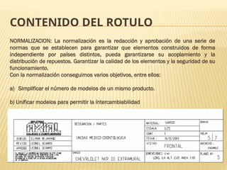 CONTENIDO DEL ROTULO
NORMALIZACION: La normalización es la redacción y aprobación de una serie de
normas que se establecen para garantizar que elementos construidos de forma
independiente por países distintos, pueda garantizarse su acoplamiento y la
distribución de repuestos. Garantizar la calidad de los elementos y la seguridad de su
funcionamiento.
Con la normalización conseguimos varios objetivos, entre ellos:
a) Simplificar el número de modelos de un mismo producto.
b) Unificar modelos para permitir la íntercambiabilidad
 