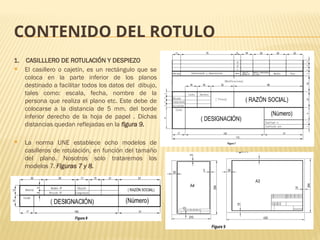CONTENIDO DEL ROTULO
1. CASILLLERO DE ROTULACIÓN Y DESPIEZO
 El casillero o cajetín, es un rectángulo que se
coloca en la parte inferior de los planos
destinado a facilitar todos los datos del dibujo,
tales como: escala, fecha, nombre de la
persona que realiza el plano etc. Este debe de
colocarse a la distancia de 5 mm. del borde
inferior derecho de la hoja de papel . Dichas
distancias quedan reflejadas en la figura 9.
 La norma UNE establece ocho modelos de
casilleros de rotulación, en función del tamaño
del plano. Nosotros solo trataremos los
modelos 7. Figuras 7 y 8.
 