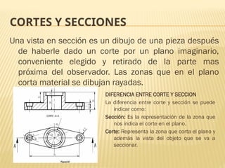 CORTES Y SECCIONES
Una vista en sección es un dibujo de una pieza después
de haberle dado un corte por un plano imaginario,
conveniente elegido y retirado de la parte mas
próxima del observador. Las zonas que en el plano
corta material se dibujan rayadas.
DIFERENCIA ENTRE CORTE Y SECCION
La diferencia entre corte y sección se puede
indicar como:
Sección: Es la representación de la zona que
nos indica el corte en el plano.
Corte: Representa la zona que corta el plano y
además la vista del objeto que se va a
seccionar.
 
