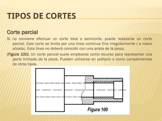 TIPOS DE CORTES
Corte parcial
Si no conviene efectuar un corte total o semicorte, puede realizarse un corte
parcial. Este corte se limita por una línea continua fina irregularmente ( a mano
alzada). Esta línea no deberá coincidir con una arista de la pieza.
(Figura 100). Un corte parcial suele emplearse como recurso para representar una
parte limitada de la pieza. Pueden utilizarse en solitario o como complementos
de otros tipos.
 