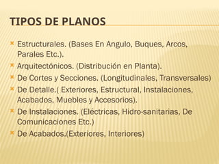 TIPOS DE PLANOS
 Estructurales. (Bases En Angulo, Buques, Arcos,
Parales Etc.).
 Arquitectónicos. (Distribución en Planta).
 De Cortes y Secciones. (Longitudinales, Transversales)
 De Detalle.( Exteriores, Estructural, Instalaciones,
Acabados, Muebles y Accesorios).
 De Instalaciones. (Eléctricas, Hidro-sanitarias, De
Comunicaciones Etc.)
 De Acabados.(Exteriores, Interiores)
 