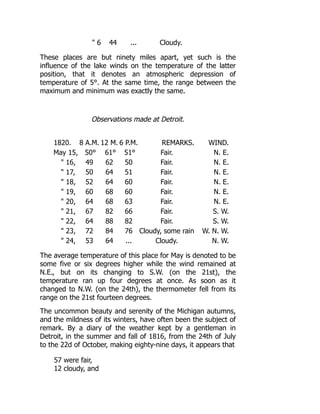 6 44 ... Cloudy.
These places are but ninety miles apart, yet such is the
influence of the lake winds on the temperature of the latter
position, that it denotes an atmospheric depression of
temperature of 5°. At the same time, the range between the
maximum and minimum was exactly the same.
Observations made at Detroit.
1820. 8 A.M. 12 M. 6 P.M. REMARKS. WIND.
May 15, 50° 61° 51° Fair. N. E.
 16, 49 62 50 Fair. N. E.
 17, 50 64 51 Fair. N. E.
 18, 52 64 60 Fair. N. E.
 19, 60 68 60 Fair. N. E.
 20, 64 68 63 Fair. N. E.
 21, 67 82 66 Fair. S. W.
 22, 64 88 82 Fair. S. W.
 23, 72 84 76 Cloudy, some rain W. N. W.
 24, 53 64 ... Cloudy. N. W.
The average temperature of this place for May is denoted to be
some five or six degrees higher while the wind remained at
N.E., but on its changing to S.W. (on the 21st), the
temperature ran up four degrees at once. As soon as it
changed to N.W. (on the 24th), the thermometer fell from its
range on the 21st fourteen degrees.
The uncommon beauty and serenity of the Michigan autumns,
and the mildness of its winters, have often been the subject of
remark. By a diary of the weather kept by a gentleman in
Detroit, in the summer and fall of 1816, from the 24th of July
to the 22d of October, making eighty-nine days, it appears that
57 were fair,
12 cloudy, and
 