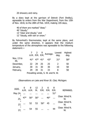 20 showery and rainy.
By a diary kept at the garrison of Detroit (Fort Shelby),
agreeable to orders from the War Department, from the 15th
of Nov. 1818, to the 28th of Feb. 1819, making 105 days,
40 of them are marked clear,
40 cloudy,
13 clear and cloudy, and
12 cloudy, with rain or snow.
By Fahrenheit's thermometer, kept at the same place, and
under the same direction, it appears that the medium
temperature of the atmosphere was agreeable to the following
statement:—
7
A.M.
2
P.M.
9
P.M.
Average.
Lowest
deg.
Highest
deg.
Nov. 13 to
30,
41° 47° 41° 43° 31° 58°
December, 22 29 25 25 2 50
January, 30 31 30 30 10 58
February, 29 39 31 33 8 58
Prevailing winds, S. W. and N. W.
Observations on Lake and River St. Clair, Michigan.
1820.
6
A.M.
8
A.M.
12
M.
2
P.M.
6
P.M.
8
P.M. REMARKS.
May 24, ... ... ... ... ... 51°

25,
47° 56° 56° ... 46° ...
Clear. Wind N.
W.

27,
... 52 53 56° 45 ...
Clear. Wind N.
W.

27,
... 54 55 ... ... 44
Clear. Wind N.
W.
 
