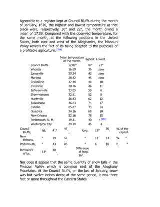 Agreeable to a register kept at Council Bluffs during the month
of January, 1820, the highest and lowest temperature at that
place were, respectively, 36° and 22°, the month giving a
mean of 17.89. Compared with the observed temperature, for
the same month, at the following positions in the United
States, both east and west of the Alleghanies, the Missouri
Valley reveals the fact of its being adapted to the purposes of
a profitable agriculture. [264]
Mean temperature
of the month.
Highest. Lowest.
Council Bluffs 17.89° 36° 22°
Wooster 16.69 36 zero
Zanesville 25.34 42 zero
Marietta 28.42 45 zero
Chillicothe 32.48 48 10
Cincinnati 28.76 46 11
Jeffersonville 23.05 50 6
Shawneetown 32.91 52 8
Huntsville 36.43 62 12
Tuscaloosa 46.63 74 17
Cahaba 65.87 73 54
Ouachita 34.16 68 10
New Orleans 52.16 78 25
Portsmouth, N. H. 19.31 40 4 [265]
Washington City 29.19 45 4
Council
Bluffs,
lat. 41°
45
´,
long. 19°
50
´
W. of the
capitol.
New
Orleans,
 29 57  12 53 W. 
Portsmouth,  43 05  6 10 E. 
Difference
of lat.
13°
48
´.
Difference
of long.
26°.
Nor does it appear that the same quantity of snow falls in the
Missouri Valley which is common east of the Alleghany
Mountains. At the Council Bluffs, on the last of January, snow
was but twelve inches deep; at the same period, it was three
feet or more throughout the Eastern States.
 