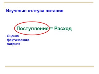 Изучение статуса питания
Поступление = Расход
Оценка
фактического
питания
 