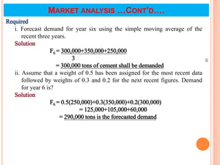 Required
i. Forecast demand for year six using the simple moving average of the
recent three years.
Solution
F6 = 300,000+350,000+250,000
3
= 300,000 tons of cement shall be demanded
ii. Assume that a weight of 0.5 has been assigned for the most recent data
followed by weights of 0.3 and 0.2 for the next recent figures. Demand
for year 6 is?
Solution
F6 = 0.5(250,000)+0.3(350,000)+0.2(300,000)
= 125,000+105,000+60,000
= 290,000 tons is the forecasted demand
36
MARKET ANALYSIS …CONT’D….
 