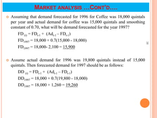  Assuming that demand forecasted for 1996 for Coffee was 18,000 quintals
per year and actual demand for coffee was 15,000 quintals and smoothing
constant of 0.70, what will be demand forecasted for the year 1997?
FD (t) = FDt-1 + (Adt-1 – FDt-1)
FD1997 = 18,000 + 0.7(15,000 - 18,000)
FD1997 = 18,000- 2,100 = 15,900
 Assume actual demand for 1996 was 19,800 quintals instead of 15,000
quintals. Then forecasted demand for 1997 should be as follows:
DD (t) = FDt-1 + (Adt-1 – FDt-1)
DD1997 = 18,000 + 0.7(19,800 - 18,000)
DD1997 = 18,000 + 1,260 = 19,260
38
MARKET ANALYSIS …CONT’D….
 