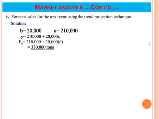 iv. Forecast sales for the next year using the trend projection technique.
Solution
b= 20,000 a= 210,000
y= 210,000 + 20,000x
F6= 210,000 + 20,000(6)
= 330,000 tons
41
MARKET ANALYSIS …CONT’D….
 
