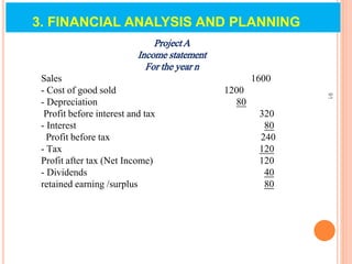 Project A
Income statement
For the year n
Sales 1600
- Cost of good sold 1200
- Depreciation 80
Profit before interest and tax 320
- Interest 80
Profit before tax 240
- Tax 120
Profit after tax (Net Income) 120
- Dividends 40
retained earning /surplus 80
91
3. FINANCIAL ANALYSIS AND PLANNING
 