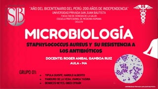 Staphylococcus aureus y
su resistencia a los
antibióticos.
"AÑO DEL BICENTENARIO DEL PERÚ: 200 AÑOS DE INDEPENDENCIA"
UNIVERSIDAD PRIVADA SAN JUAN BAUTISTA
FACULTAD DE CIENCIAS DE LA SALUD
ESCUELA PROFESIONAL DE MEDICINA HUMANA
CICLO IV
MICROBIOLOGÍA
STAPHYLOCOCCUS AUREUS Y SU RESISTENCIA A
LOS ANTIBIÓTICOS
DOCENTE: ROGER ANIBAL GAMBOA RUIZ
AULA - MA
GRUPO 01: ● TIPULA QUISPE, HAROLD ALBERTO
● PANDURO DE LA VEGA, VIANCA YASIRA
● BENDEZÚ REYES, OBED EFRAÍN
 