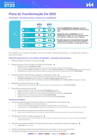 Plano de Transformação Via 2025
Prioridades – Geração de Caixa e melhora de rentabilidade
Para implantar essa mudança estratégica, temos duas frentes: alavancas operacionais e iniciativas que otimizam a
estrutura de capital.
Alavancas operacionais e seus efeitos anualizados – exemplos não exaustivos
Estrutura de Capital
• Métricas focadas em margem e ciclo de caixa:
• Footprint de lojas e CDs em revisão, com plano de otimização:
✓ Redução potencial de 50-100 lojas em 2023
✓ Revisão de quadro, renegociação de aluguel, revisão de sortimento ideal e sublocação de espaço ocioso
✓ Estimada redução de GMV entre 2%-3%, com melhora no LAIR de R$ 80-150 milhões e entre R$ 100-200 milhões de redução de estoques
✓ Readequação de ocupação de CDs conforme redução de estoques com melhora no LAIR potencialmente de R$ 90 milhões
• Desenvolvimento de DRE (P&L) por categorias, subcategorias e SKUs:
✓ Migração de categorias com margens negativas do 1P para venda exclusiva no 3P, de forma rentável
✓ 23 categorias já migradas totalmente para 3P e 3 categorias migradas parcialmente para 3P
✓ Expectativa de redução no GMV entre 1%-2%, com melhora de R$ 50 milhões no LAIR e R$ 150 milhões de redução de estoques
• Readequação de despesa de pessoal:
✓ Redução permanente de posições administrativas e de lojas com impacto previsto no LAIR de R$ 370 milhões
• Otimização de estoque potencial:
✓ Saldão para produtos no online com redução de R$ 100 milhões de estoques
✓ Saldão para produtos nas lojas físicas com redução de R$ 420 milhões de estoques
✓ Migração para 3P de categorias com margem negativa, com estoque já mencionado de R$ 150 milhões
✓ Footprint de lojas, cujo estoque já mencionado é de R$ 100-200 milhões
✓ Melhorias nos algoritmos de abastecimento com potencial de redução de R$ 100 milhões
Foco na estabilização da operação: geração de
caixa e rentabilidade para crescimento sustentável pós
2025
Geração de caixa e rentabilidade: Foco na
estabilização do negócio core, em categorias e canais
mais rentáveis e redução de custos e despesas
Disciplina rigorosa na alocação/retorno de capital:
Investimentos mais seguros com retornos definidos,
menores níveis de estoque e rentabilização dos ativos
2022 2025
• Aumento da participação do mercado de capitais no endividamento da Companhia:
✓ Constituição de FIDCs para o produto CDCI (crediário)
✓ Acesso ao mercado de capitais com portfólio de alta qualidade de crédito e risco pulverizado
✓ Liberação potencial de R$ +5 bilhões de limite bancário viabilizando aumento da penetração do crediário (catalisador de vendas)
• Acesso a novos bolsos de liquidez para diversificação do funding:
✓ Acesso a maior número de bancos, ao mercado de capitais internacional e agências de fomento / banco de desenvolvimento
• Monetização de ativos e liability management:
✓ Monetização potencial de até R$ 4 bilhões em 2023, sendo R$ 2,5 bilhões de ativos fiscais recorrentes, R$ 1 bilhão de redução de
estoques, entre outros
• Redução e priorização do CAPEX, otimização do capital de giro e alocação de capital entre negócios:
✓ CAPEX: 40% menor vs. 2022
• Gestão de liquidez garantindo sustentabilidade financeira em todos os momentos de mercado
• Preparação operacional e financeira para crescimento sustentável a partir de 2025
GMV
(R$ B)
4
EBITDA
(% da receita líquida)
3
Fluxo de
Caixa Livre
1
ROIC
2 1
44
7.6%
2
1. Acima do custo de capital; 2. não considera possíveis melhorias do cenário macroeconômico
 