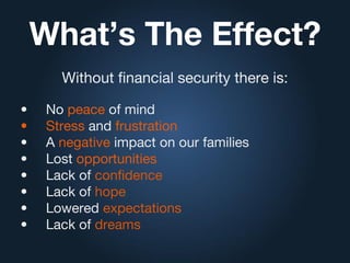 What’s The Effect?
Without financial security there is:
• No peace of mind
• Stress and frustration
• A negative impact on our families
• Lost opportunities
• Lack of confidence
• Lack of hope
• Lowered expectations
• Lack of dreams
 
