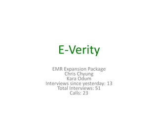E-Verity
EMR Expansion Package
Chris Chyung
Kara Odum
Interviews since yesterday: 13
Total Interviews: 51
Calls: 23
 