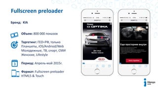 Fullscreen preloader
Бренд: KIA
Объем: 800 000 показов
Таргетинг: ГЕО=РФ, только
Планшеты, iOS/Andriod/Web
Молодежные, ТВ, спорт, СМИ
Женские, Lifestyle
Период: Апрель-май 2015г.
Формат: Fullscreen preloader
HTML5 & Touch
 