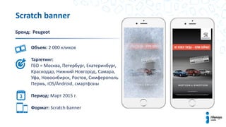 Объем: 2 000 кликов
Таргетинг:
ГЕО = Москва, Петербург, Екатеринбург,
Краснодар, Нижний Новгород, Самара,
Уфа, Новосибирск, Ростов, Симферополь
Пермь, iOS/Android, смартфоны
Период: Март 2015 г.
Формат: Scratch bаnner
Scratch banner
Бренд: Peugeot
 