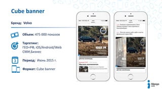 Cube banner
Бренд: Volvo
Объем: 475 000 показов
Таргетинг:
ГЕО=РФ, iOS/Android/Web
СМИ,Бизнес
Период: Июнь 2015 г.
Формат: Cube bаnner
 