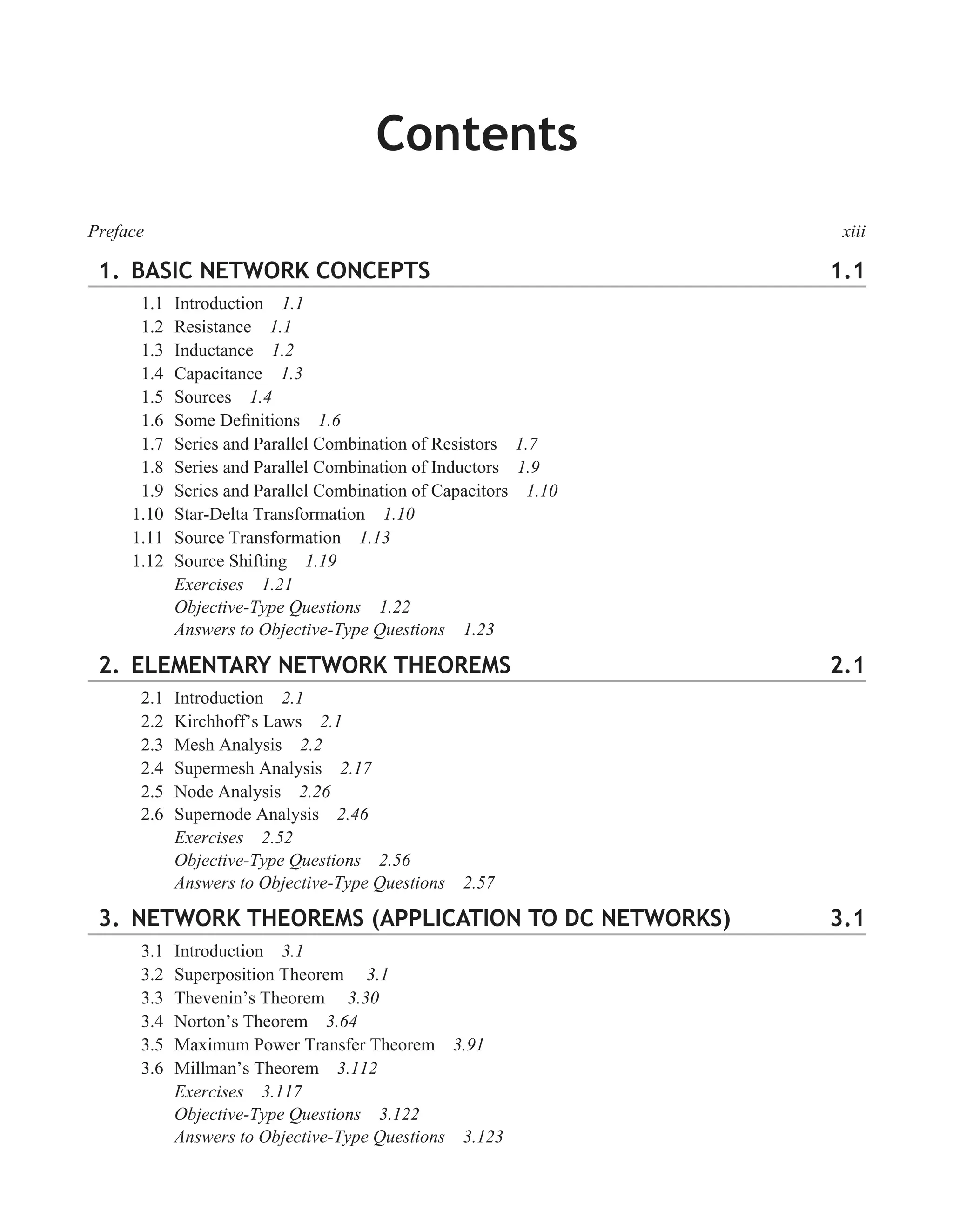 Contents
Preface xiii
1. BASIC NETWORK CONCEPTS 1.1
1.1 Introduction 1.1
1.2 Resistance 1.1
1.3 Inductance 1.2
1.4 Capacitance 1.3
1.5 Sources 1.4
1.6 Some Deﬁnitions 1.6
1.7 Series and Parallel Combination of Resistors 1.7
1.8 Series and Parallel Combination of Inductors 1.9
1.9 Series and Parallel Combination of Capacitors 1.10
1.10 Star-Delta Transformation 1.10
1.11 Source Transformation 1.13
1.12 Source Shifting 1.19
Exercises 1.21
Objective-Type Questions 1.22
Answers to Objective-Type Questions 1.23
2. ELEMENTARY NETWORK THEOREMS 2.1
2.1 Introduction 2.1
2.2 Kirchhoff’s Laws 2.1
2.3 Mesh Analysis 2.2
2.4 Supermesh Analysis 2.17
2.5 Node Analysis 2.26
2.6 Supernode Analysis 2.46
Exercises 2.52
Objective-Type Questions 2.56
Answers to Objective-Type Questions 2.57
3. NETWORK THEOREMS (APPLICATION TO DC NETWORKS) 3.1
3.1 Introduction 3.1
3.2 Superposition Theorem 3.1
3.3 Thevenin’s Theorem 3.30
3.4 Norton’s Theorem 3.64
3.5 Maximum Power Transfer Theorem 3.91
3.6 Millman’s Theorem 3.112
Exercises 3.117
Objective-Type Questions 3.122
Answers to Objective-Type Questions 3.123
 