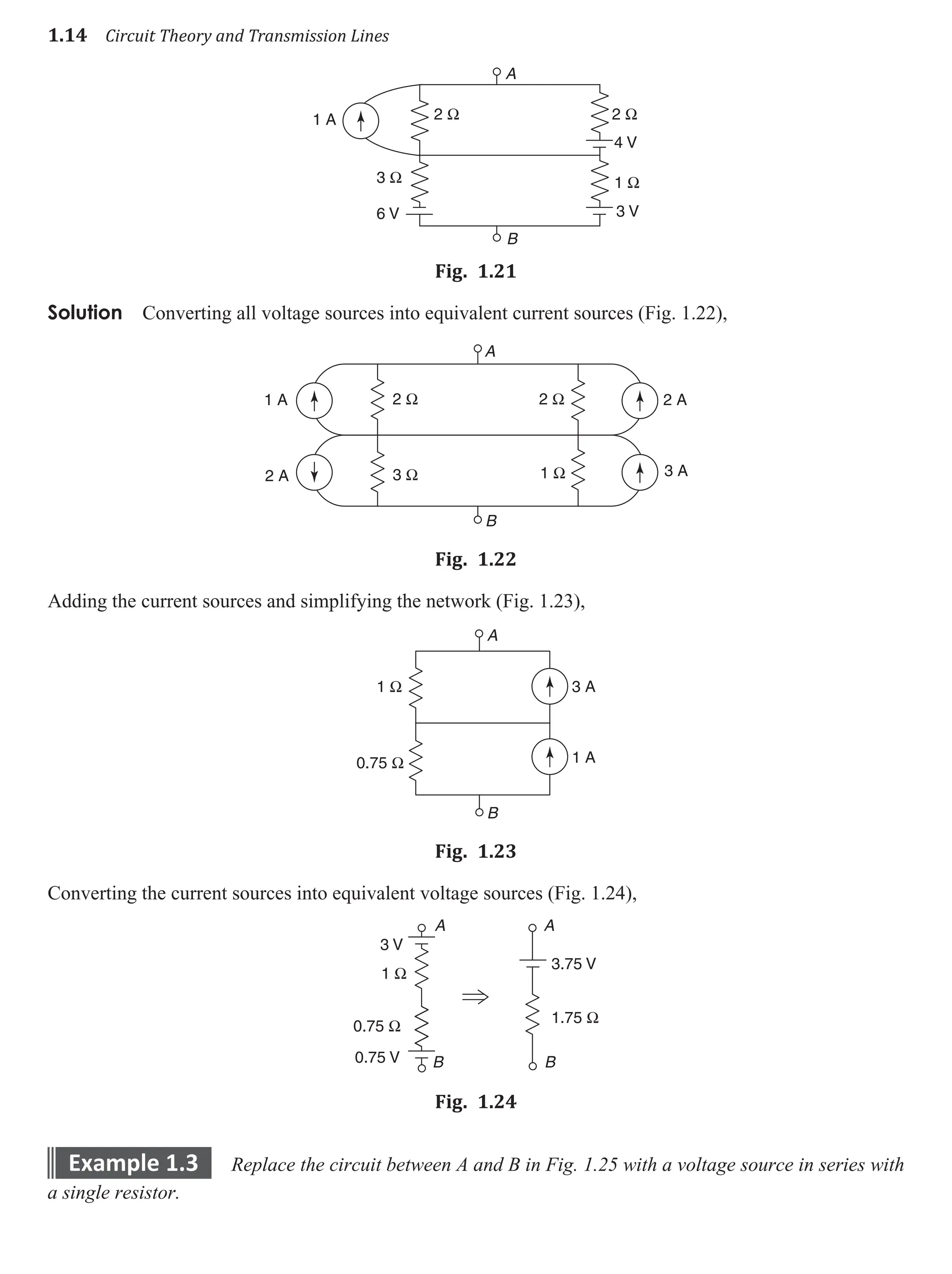 1.14 Circuit Theory and Transmission Lines
1 A
A
B
6 V
4 V
3 V
2 Ω 2 Ω
1 Ω
3 Ω
Fig. 1.21
Solution Converting all voltage sources into equivalent current sources (Fig. 1.22),
1 A 2 A
3 A
2 A
2 Ω 2 Ω
1 Ω
3 Ω
A
B
Fig. 1.22
Adding the current sources and simplifying the network (Fig. 1.23),
3 A
1 A
1 Ω
0.75 Ω
A
B
Fig. 1.23
Converting the current sources into equivalent voltage sources (Fig. 1.24),
1 Ω
0.75 Ω
1.75 Ω
0.75 V
3.75 V
3 V
A
B B
A
Fig. 1.24
example 1.3 Replace the circuit between A and B in Fig. 1.25 with a voltage source in series with
a single resistor.
 