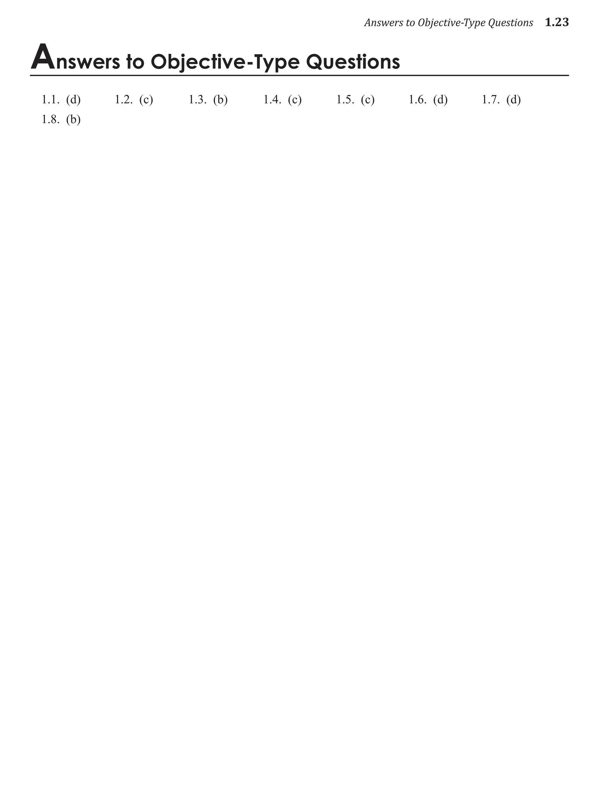 Answers to Objective-Type Questions 1.23
Answers to Objective-Type Questions
1.1. (d) 1.2. (c) 1.3. (b) 1.4. (c) 1.5. (c) 1.6. (d) 1.7. (d)
1.8. (b)
 