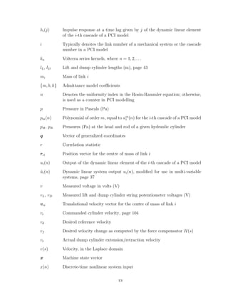 hi(j) Impulse response at a time lag given by j of the dynamic linear element
of the i-th cascade of a PCI model
i Typically denotes the link number of a mechanical system or the cascade
number in a PCI model
kn Volterra series kernels, where n = 1, 2, . . .
lL, lD Lift and dump cylinder lengths (m), page 43
mi Mass of link i
{m, b, k} Admittance model coeﬃcients
n Denotes the uniformity index in the Rosin-Rammler equation; otherwise,
is used as a counter in PCI modelling
p Pressure in Pascals (Pa)
pm(n) Polynomial of order m, equal to um
i (n) for the i-th cascade of a PCI model
pH, pR Pressures (Pa) at the head and rod of a given hydraulic cylinder
q Vector of generalized coordinates
r Correlation statistic
rci Position vector for the centre of mass of link i
ui(n) Output of the dynamic linear element of the i-th cascade of a PCI model
˜ui(n) Dynamic linear system output ui(n), modiﬁed for use in multi-variable
systems, page 37
v Measured voltage in volts (V)
vL, vD Measured lift and dump cylinder string potentiometer voltages (V)
vci Translational velocity vector for the centre of mass of link i
vc Commanded cylinder velocity, page 104
vd Desired reference velocity
vf Desired velocity change as computed by the force compensator H(s)
vr Actual dump cylinder extension/retraction velocity
v(s) Velocity, in the Laplace domain
x Machine state vector
x(n) Discrete-time nonlinear system input
xv
 