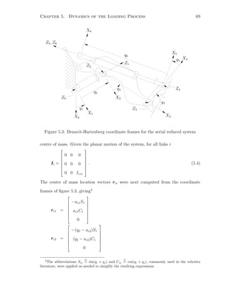 Chapter 5. Dynamics of the Loading Process 69
X0
X1
X2
X3
X4
X5
X6
Z1
Z5, Z6
q1
q2
q3
q4
q5
q6
Z0
Z2
Z3
Z4
Figure 5.3: Denavit-Hartenberg coordinate frames for the serial reduced system
centre of mass. Given the planar motion of the system, for all links i
Ii =








0 0 0
0 0 0
0 0 Izzi








. (5.4)
The centre of mass location vectors rci were next computed from the coordinate
frames of ﬁgure 5.3, giving2
rc1 =








−ac1S1
ac1C1
0








rc2 =








−(q2 − ac2)S1
(q2 − ac2)C1
0








2
The abbreviations Sij = sin(qi + qj) and Cij = cos(qi + qj), commonly used in the robotics
literature, were applied as needed to simplify the resulting expressions.
 