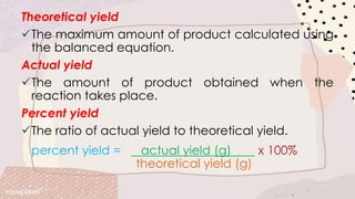 Theoretical yield
✓The maximum amount of product calculated using
the balanced equation.
Actual yield
✓The amount of product obtained when the
reaction takes place.
Percent yield
✓The ratio of actual yield to theoretical yield.
percent yield = actual yield (g) x 100%
theoretical yield (g)
 
