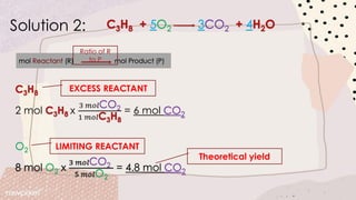 Solution 2::
2 mol x
3 𝑚𝑜𝑙
1 𝑚𝑜𝑙
= 6 mol
Theoretical yield
LIMITING REACTANT
EXCESS REACTANT
Ratio of R
to P
 