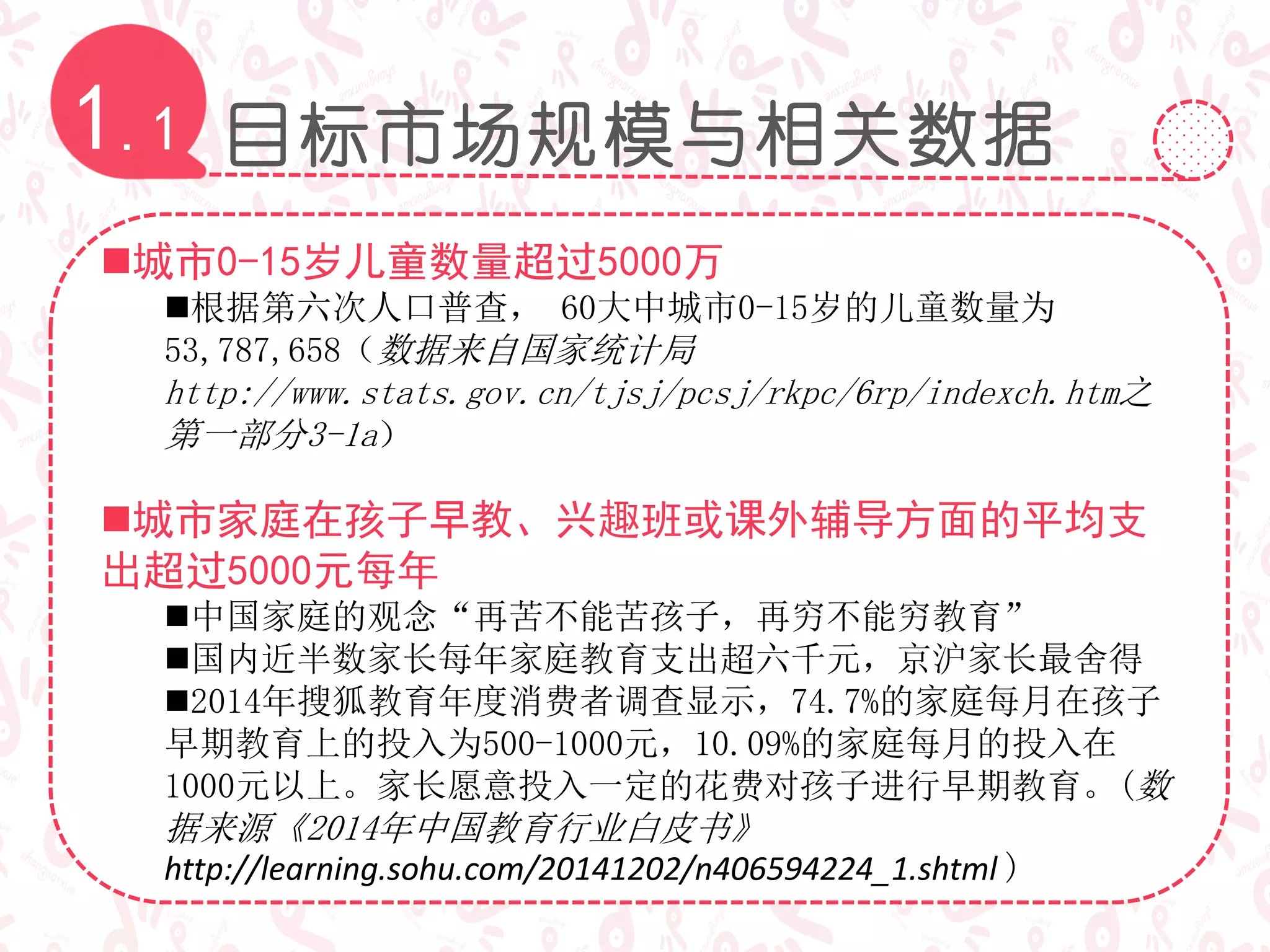 目标市场规模与相关数据1.1
城市0-15岁儿童数量超过5000万
根据第六次人口普查， 60大中城市0-15岁的儿童数量为
53,787,658（数据来自国家统计局
http://www.stats.gov.cn/tjsj/pcsj/rkpc/6rp/indexch.htm之
第一部分3-1a）
城市家庭在孩子早教、兴趣班或课外辅导方面的平均支
出超过5000元每年
中国家庭的观念“再苦不能苦孩子，再穷不能穷教育”
国内近半数家长每年家庭教育支出超六千元，京沪家长最舍得
2014年搜狐教育年度消费者调查显示，74.7%的家庭每月在孩子
早期教育上的投入为500-1000元，10.09%的家庭每月的投入在
1000元以上。家长愿意投入一定的花费对孩子进行早期教育。(数
据来源《2014年中国教育行业白皮书》
http://learning.sohu.com/20141202/n406594224_1.shtml )
 